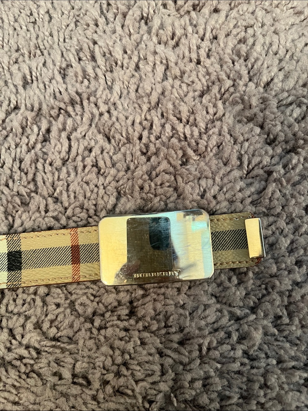 Burberry Beige/Tan Check Leather Belt with Gold Buckle